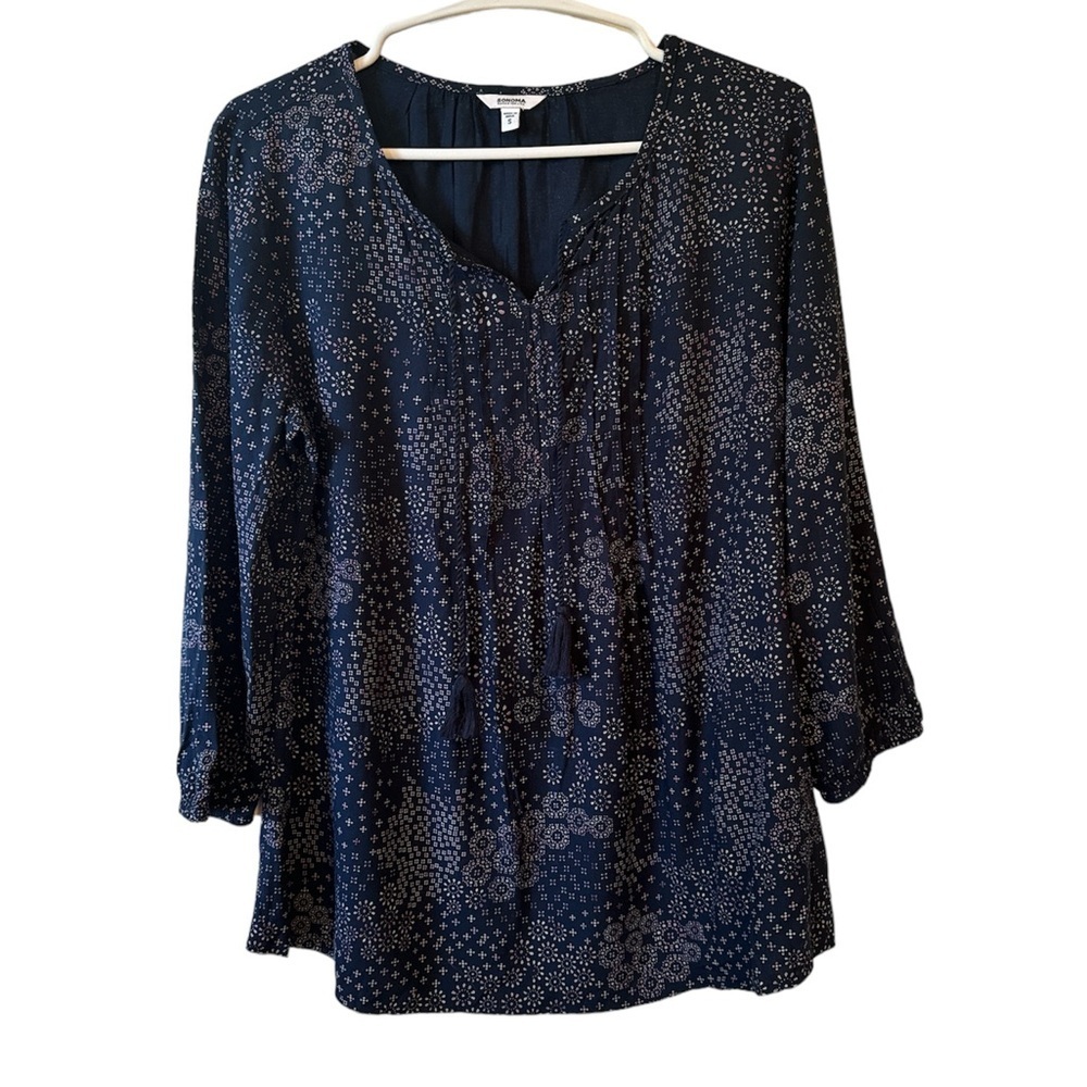 SONOMA FLOWY NAVY DRAWSTRING BLOUSE | S